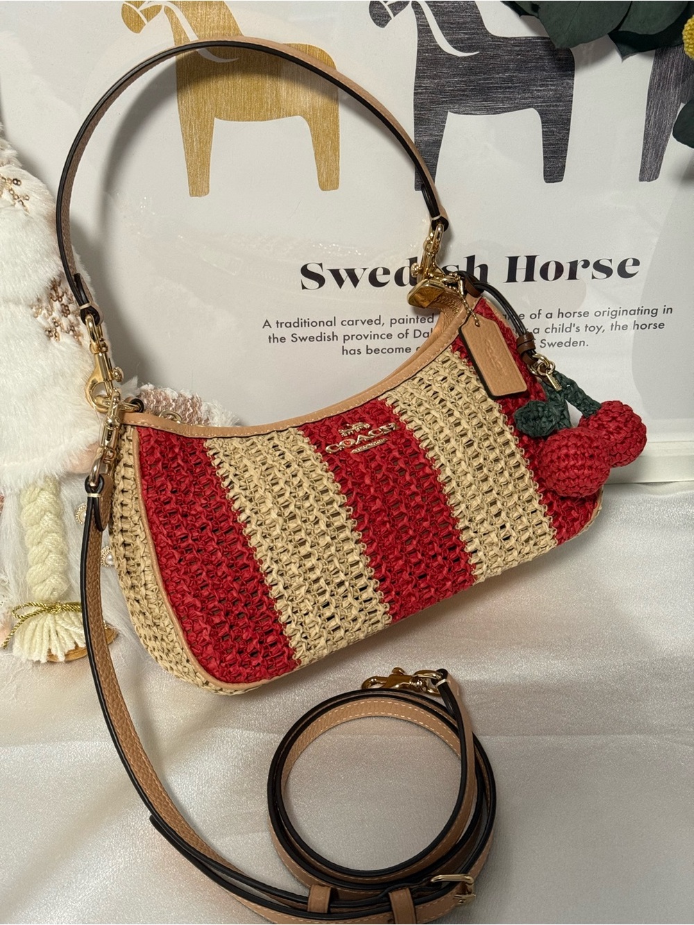COACH teri shoulder bag with stripes and charm. gold/red/tan CER34 - Picture 7 of 11